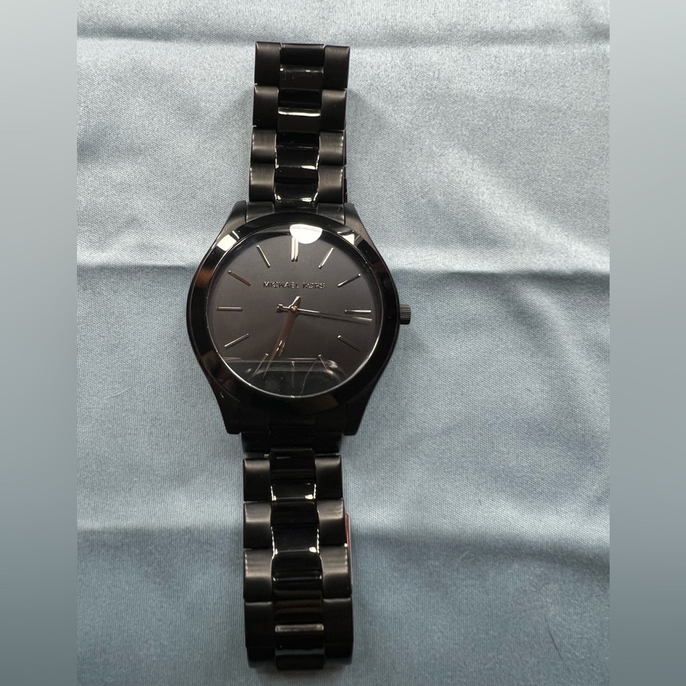 Black 44 mm Michael Kors Men's Slim Runway Black IP Three-Hand Watch
